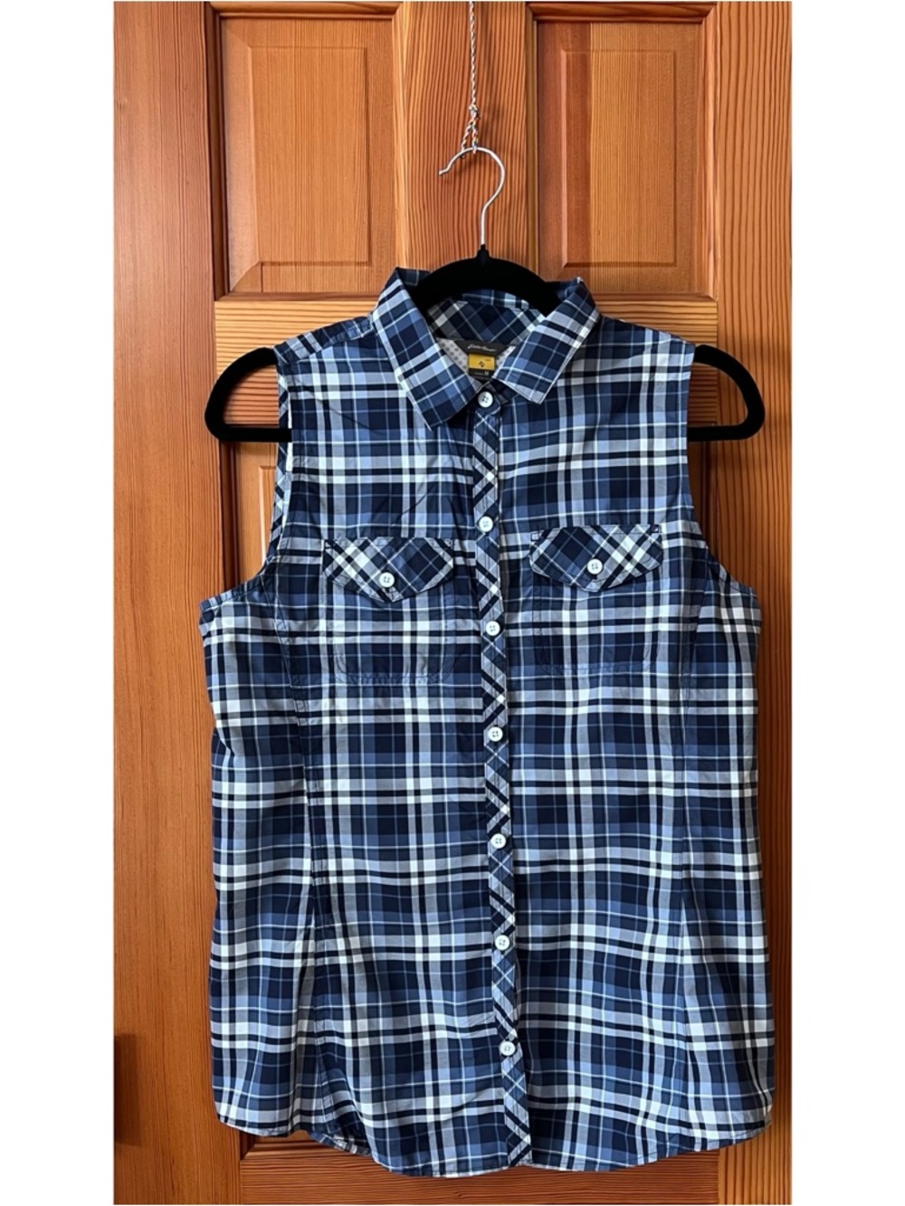 Eddie Bauer Blue and White Plaid Sleeveless Button-Down Shirt